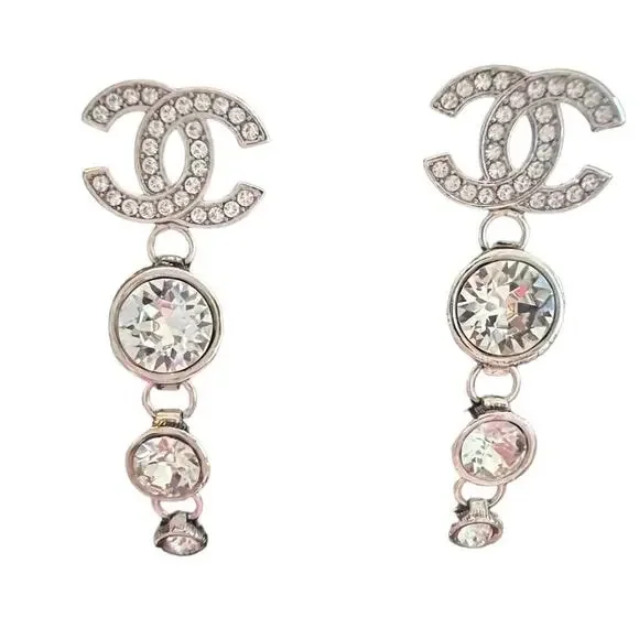 CHANEL Women's Stunning Silver Strass and Crystal CC Long Dangle Earrings - NWT - Picture 6 of 8